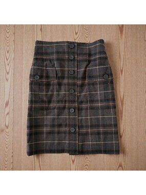 MAGASCHONI Brown Plaid Wool Blend High Waist Button Front Skirt Size 2